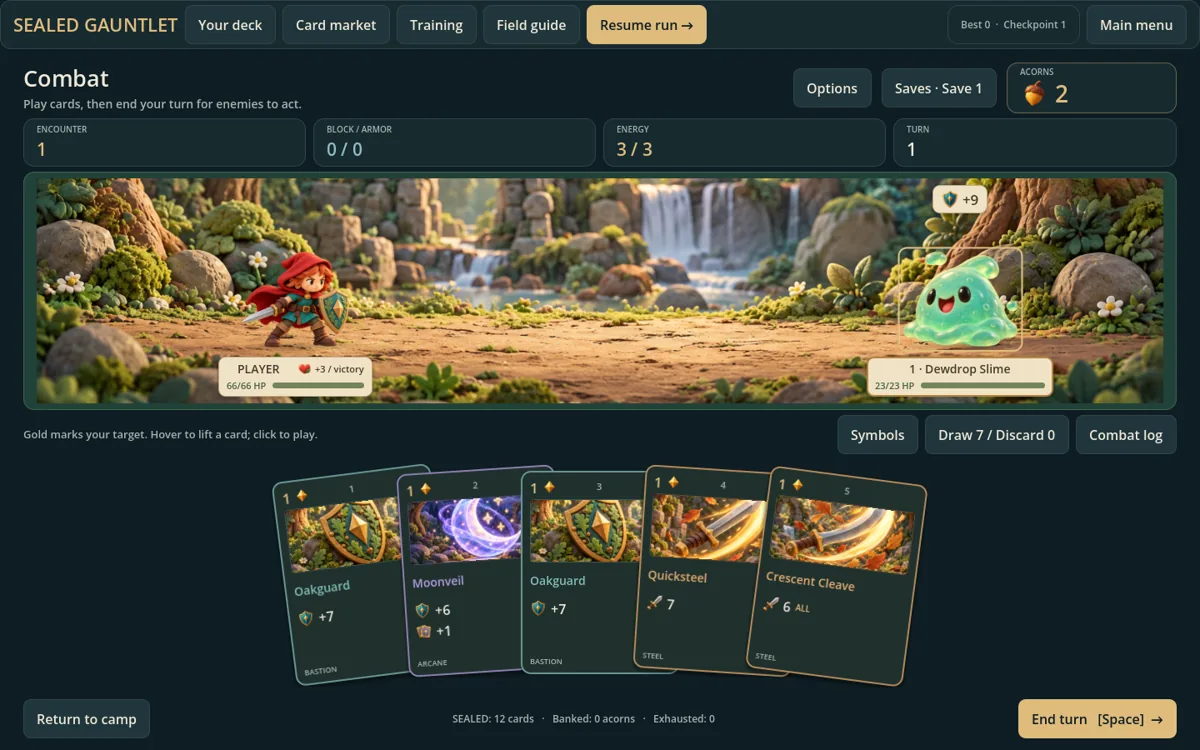Sealed Gauntlet combat with woodland enemies and a hand of cards